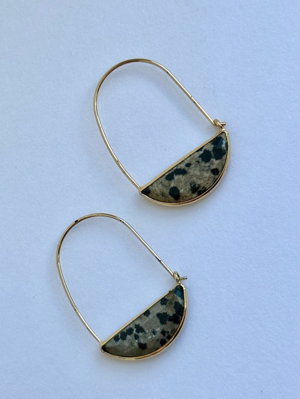 Gold Hoop Earrings with Dalmatian Jasper Inlay - Neutral Stone